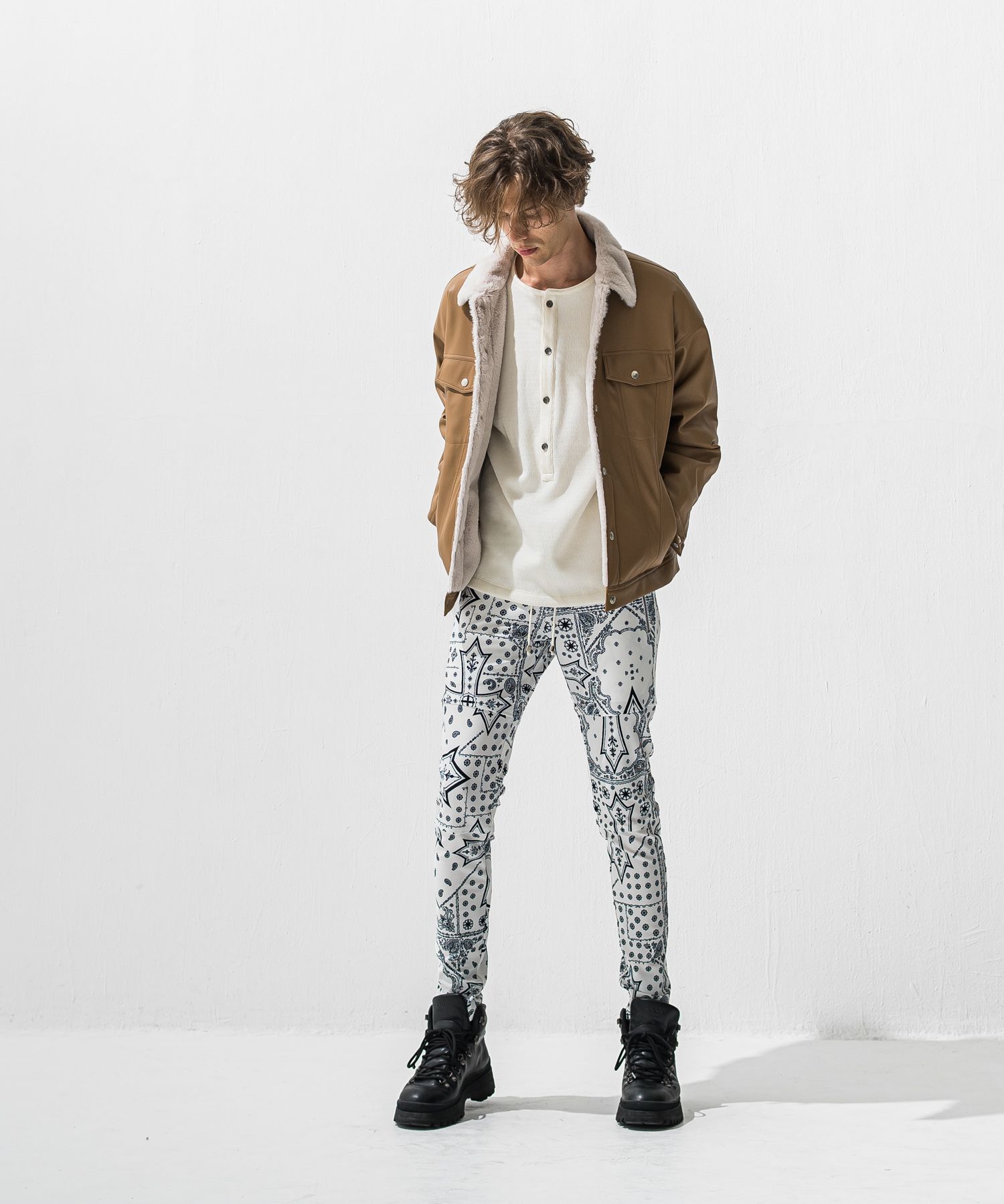 OVER HENRY VELOURS FLEECE THERMAL / 裏起毛 オーバーサイズ サーマル生地 ロングスリーブ ヘンリーネック (ホワイト) (10月下旬入荷予定) ※オーダー締切:9月7日(月)17時