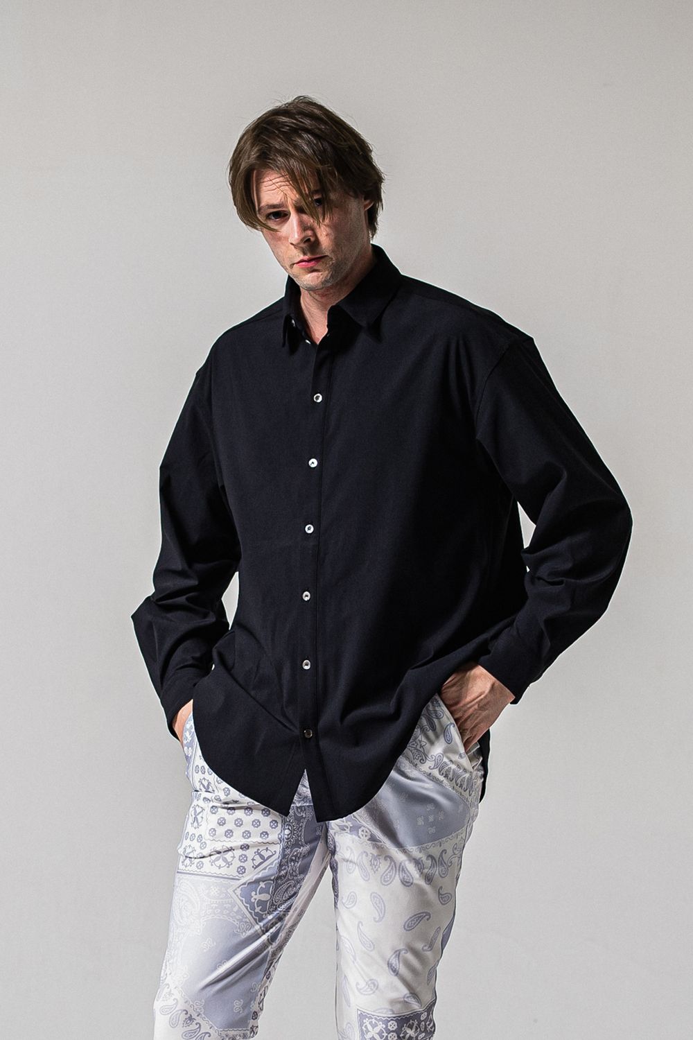NYLON JACK SHIRTS / 高機能ナイロンマイクロファイバー Aラインシルエット ジャックシャツ (ブラック)