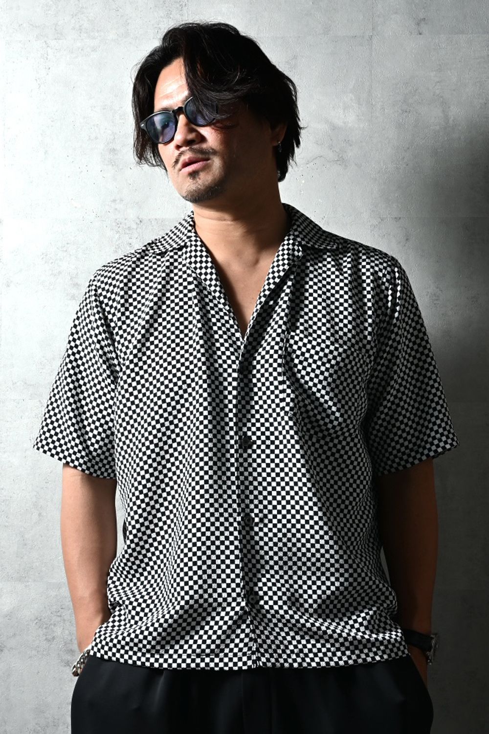 ICHIMATU SHIRTS / 市松模様 ハーフスリーブ オープンカラーシャツ (ブラック/ホワイト) (3月中旬入荷予定) ※オーダー締切12/13(土)17:00