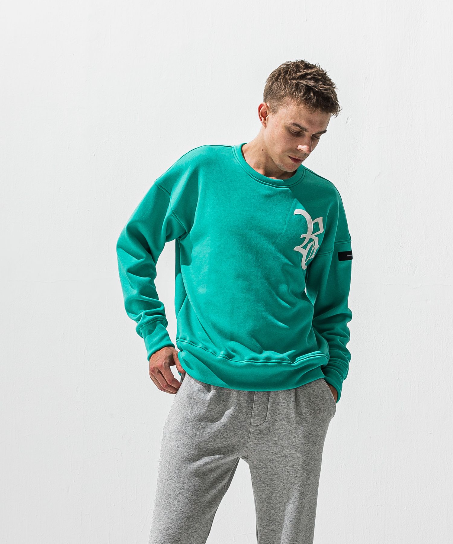 RC CHENILLE VELOURS FLEECE DROP TRAINER / サガラ刺繍ワッペン 裏起毛 ルーズトレーナー (ブルーグリーン) (11月上旬入荷予定) ※オーダー締切:9月7日(月)17時