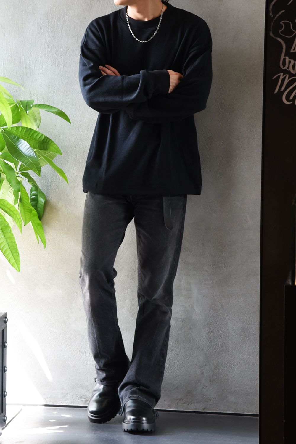 【gossip 20th別注アイテム】 DRAWSTRING THERMAL LOOSE CUTSEW / ドローストリング 特注サーマル ロングスリーブTシャツ  (ブラック)