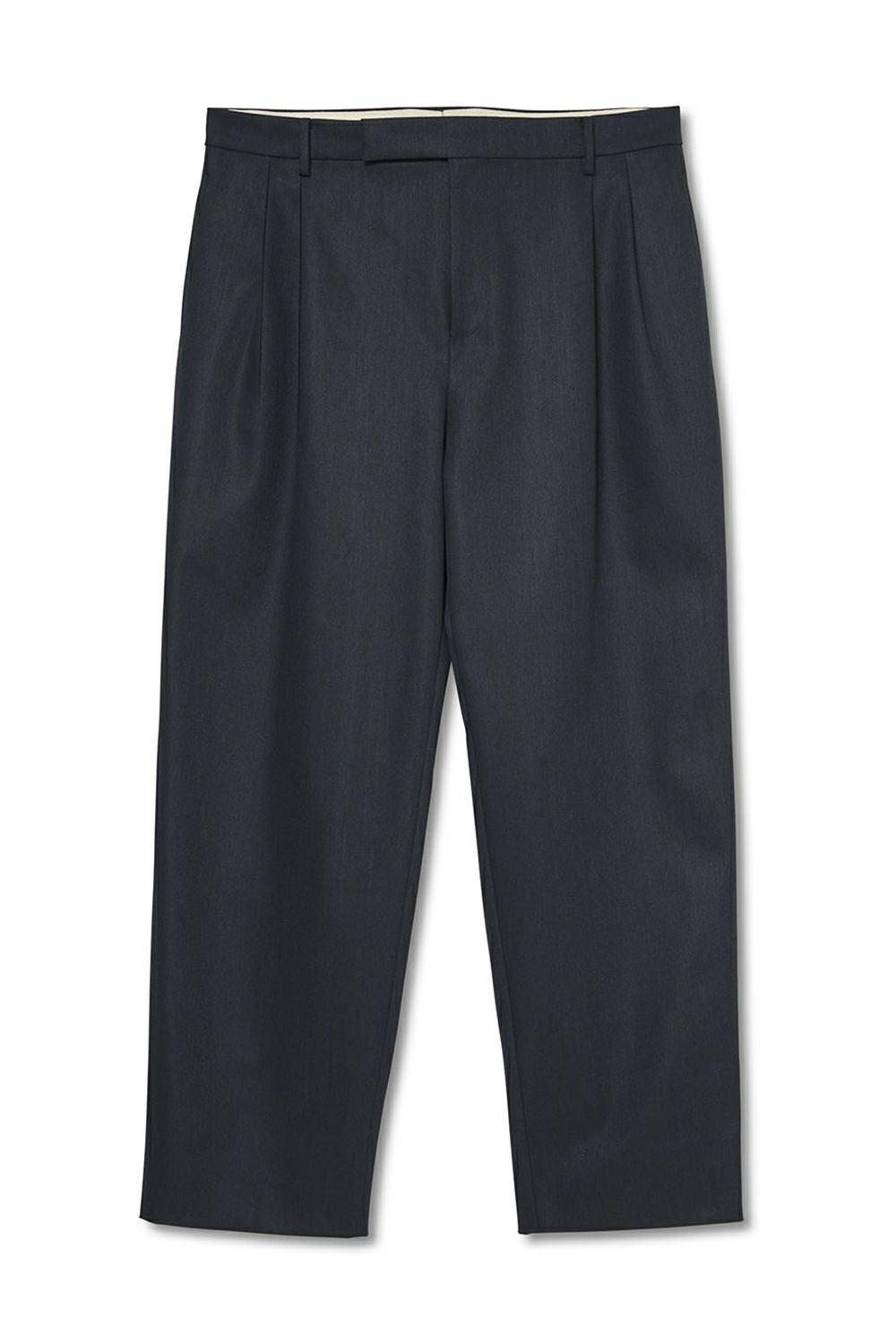 2OUT-PLEATS PANTS POLYESTER DENIM / ポリエステルデニム ワイドセミテーパードパンツ ネイビーデニム