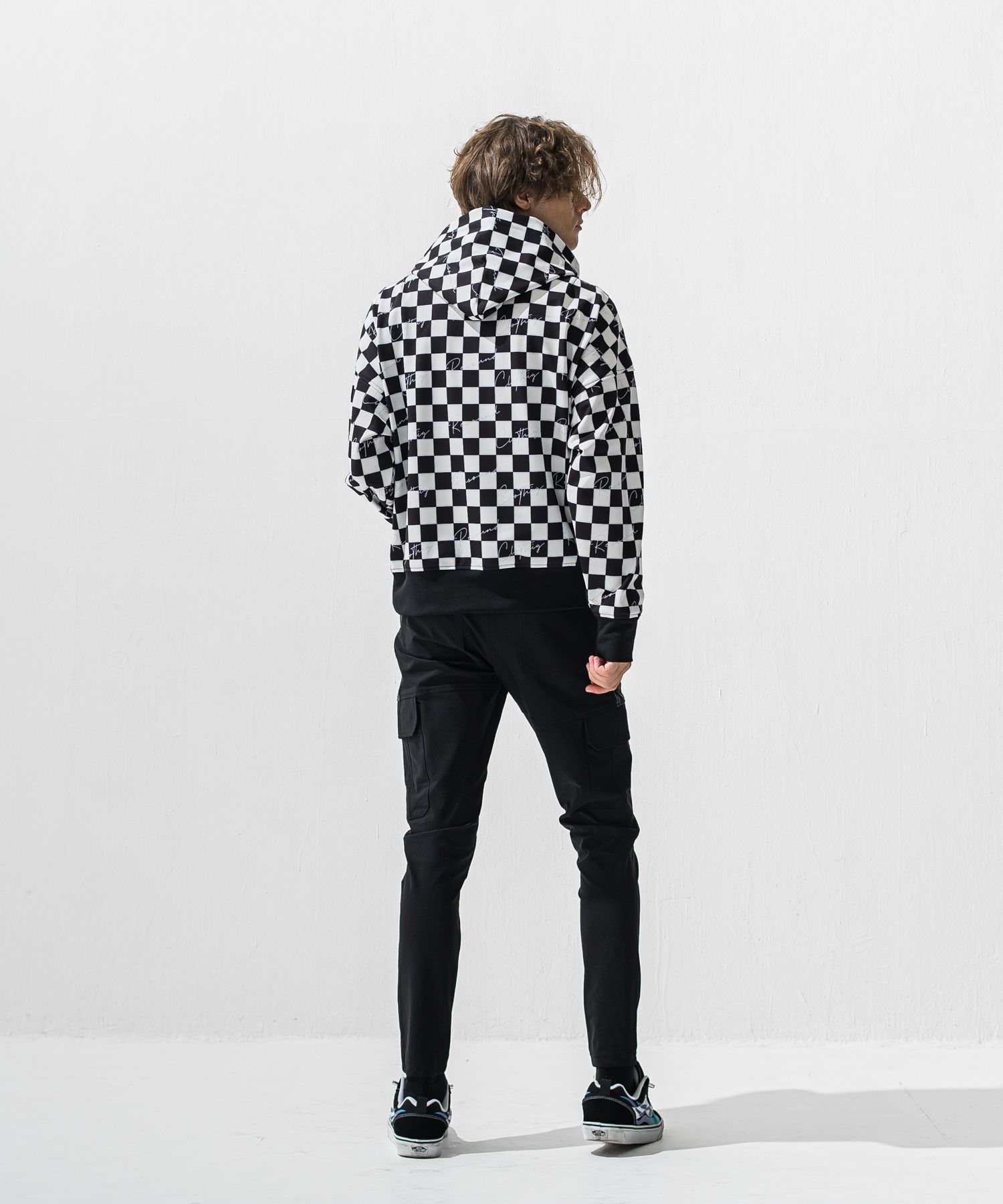 CHECKER BACK FLEECE HOODIE / チェッカーフラッグ 裏起毛フーディー (ホワイト/ブラック) (11月上旬入荷予定) ※オーダー締切:9月7日(月)17時