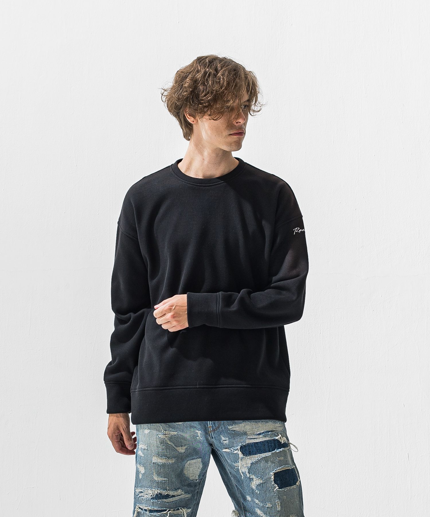 VELOURS FLEECE THERMAL  LOOSE TRAINER / 裏起毛 サーマル生地 ロングスリーブ トレーナー (ブラック) (10月下旬入荷予定) ※オーダー締切:9月7日(月)17時