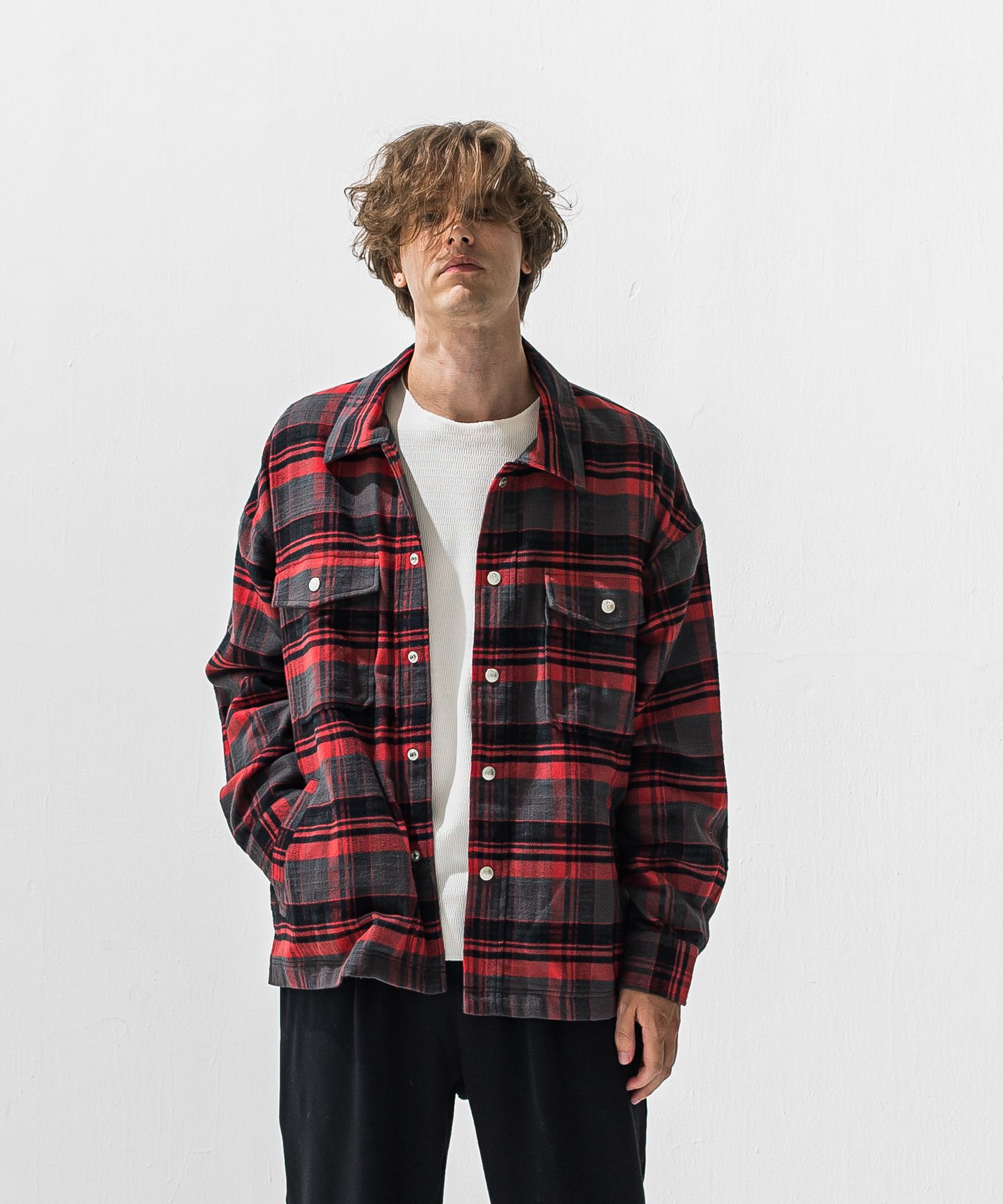 old slabl check  JK  / スラブチェック柄 オーバーサイズ ヴィンテージネルジャケット (レッド) (12月末入荷予定) ※オーダー締切:9月7日(月)17時