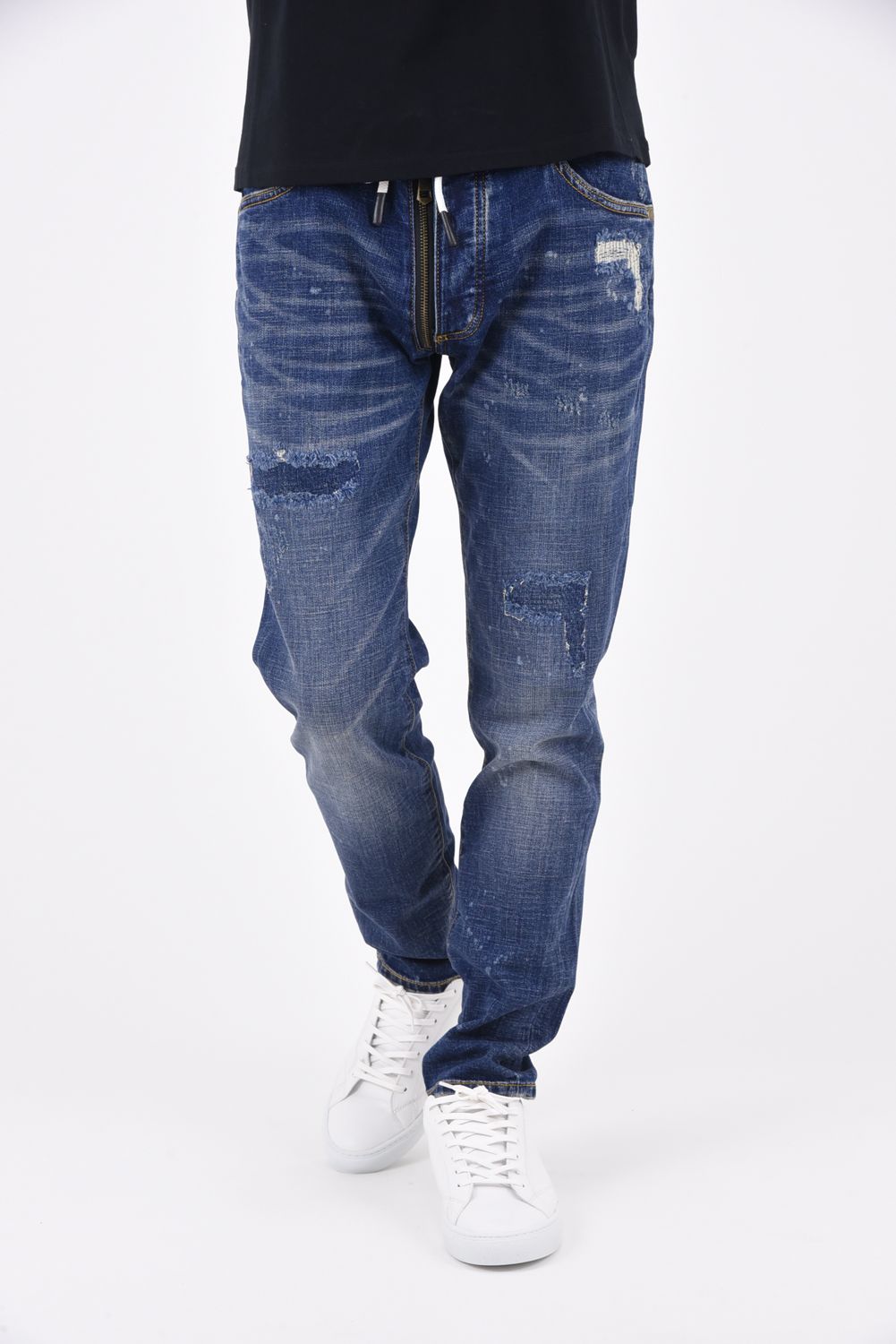 DENIM PANTS / フェイクファスナー ボタンフライ ダメージデニム インディゴ