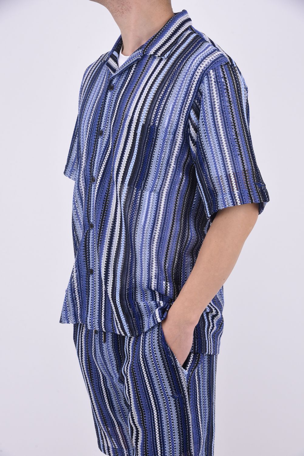 GAP KNIT STRIPED SHIRT / 透かし編み ストライプニット シャツ ブルー