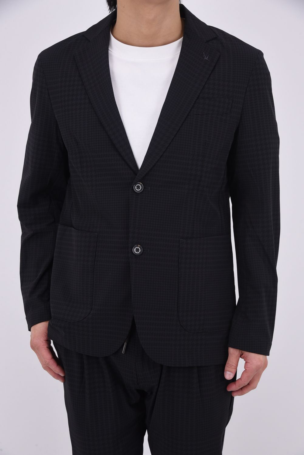 【26SS】【セットアップ】 GLEN CHECK NYLON JACKET & SLACKS / グレンチェック テーラードシングルジャケット&イージースラックス (チャコール/ブラック)