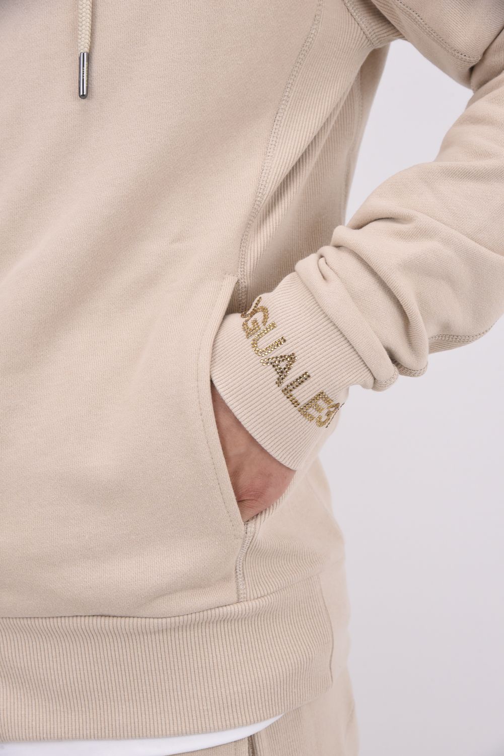 HOODIE WITH RHINESTONE CUFFS / ラインストーンカフスウェットジップパーカー (ベージュ)