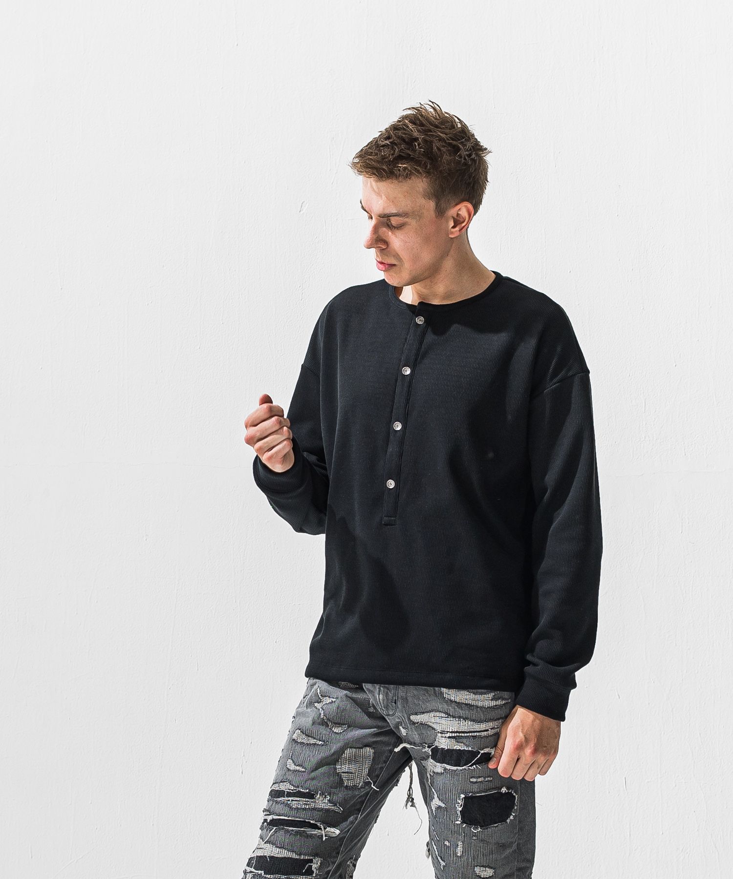 OVER HENRY VELOURS FLEECE THERMAL / 裏起毛 オーバーサイズ サーマル生地 ロングスリーブ ヘンリーネック (ブラック) (10月下旬入荷予定) ※オーダー締切:9月7日(月)17時
