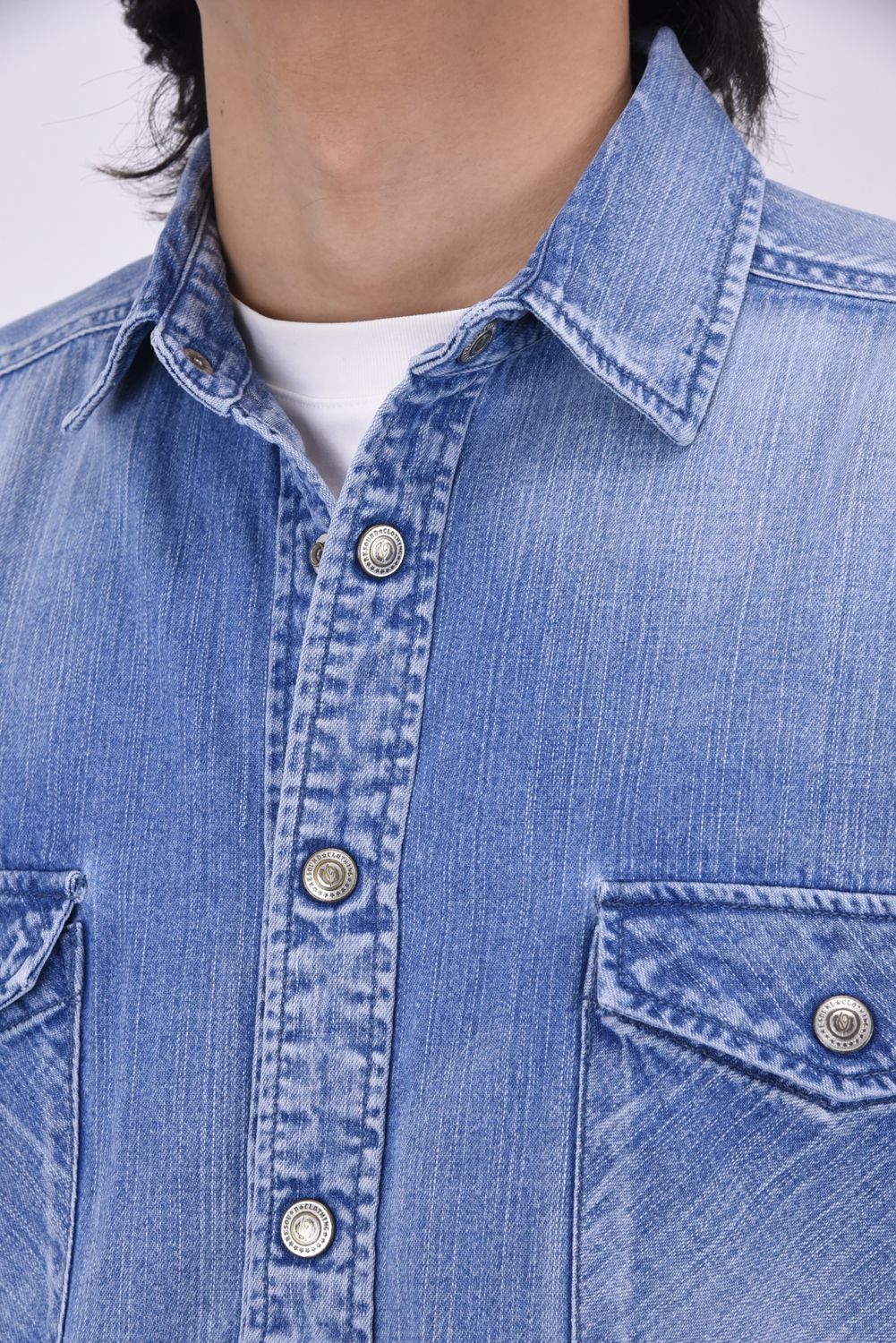 OVER DENIM SHIRTS / ヴィンテージ加工 ドロップショルダー ダンガリーシャツ ライトインディゴ