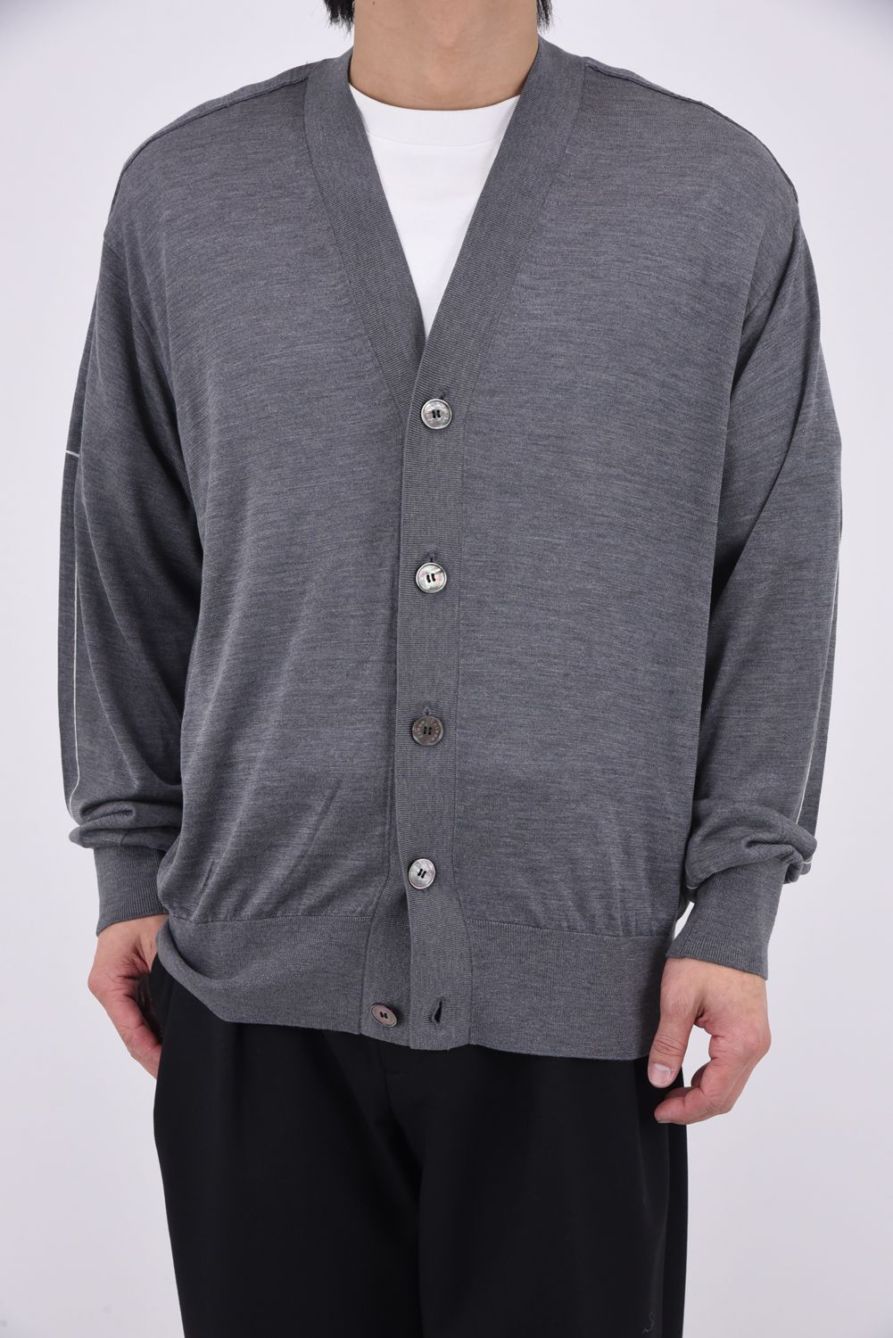 SILK ELBOW STITCH KNIT CARDIGAN / シルク エルボーステッチ ニットカーディガン (グレー)