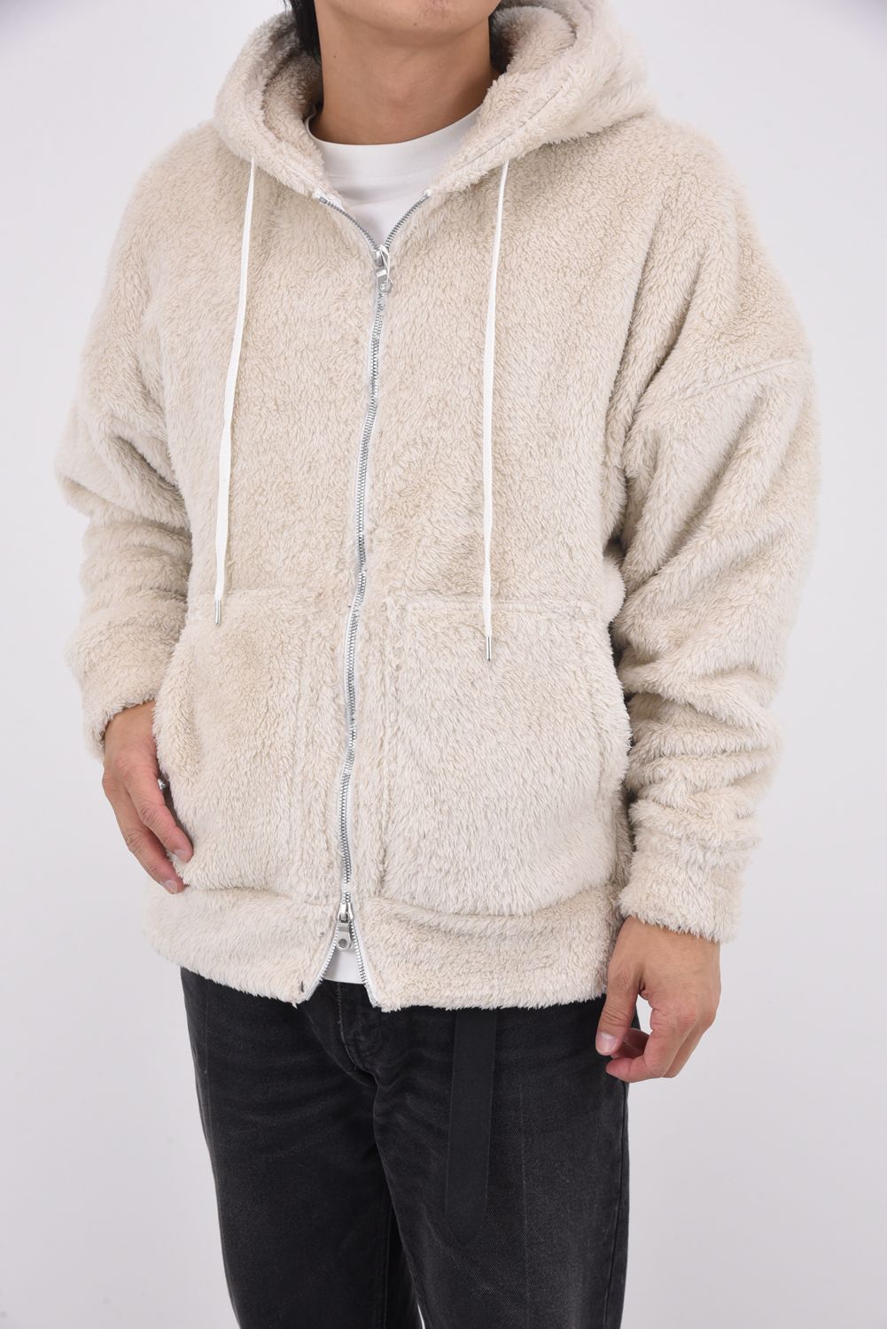 BOA ZIP LOOSE HOODIE / シルキーボア ジップアップ パーカー (ブラウン)