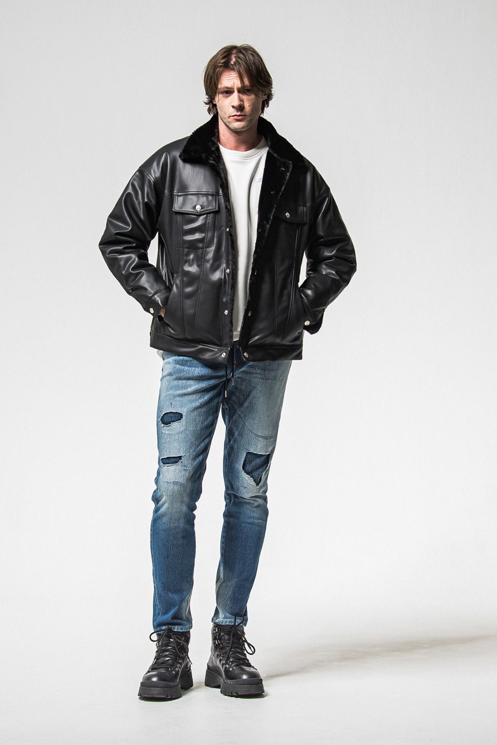 LEATHER FUR OVER  G /  エコレザー オーバーサイズ デニムジャケット (ブラック) (11月中旬入荷予定) ※オーダー締切：9月1日(月)18:00