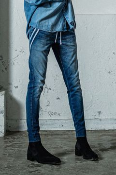EX DENIM JERSEY EDGE PT / ダブルライン タイトテーパード デニムジャージ ダークインディゴ