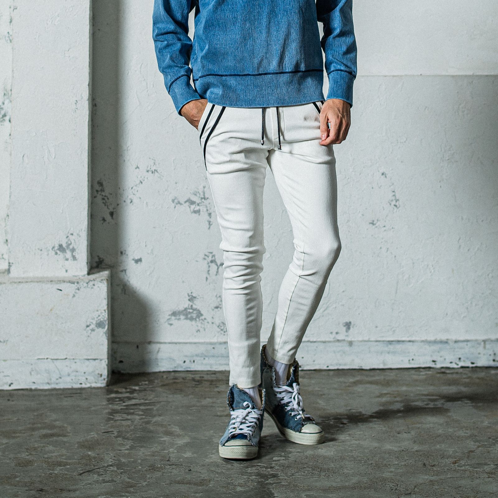 EX DENIM JERSEY EDGE PT / ダブルライン タイトテーパード デニムジャージ ホワイト (9月上旬入荷予定)