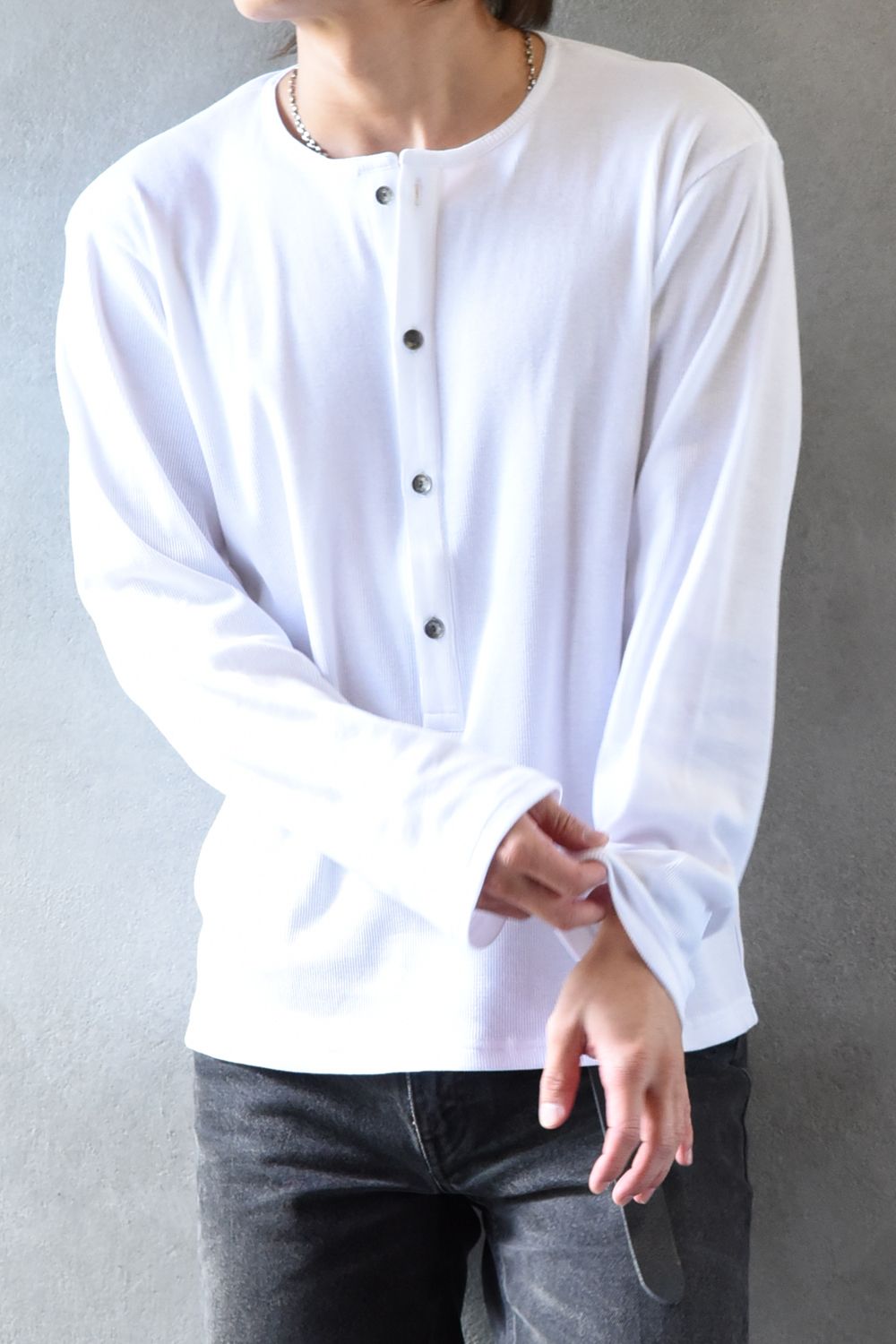 RIB HENRY LONGSLEAVE / ヘンリーネック リブニットロングスリーブTシャツ (ホワイト)
