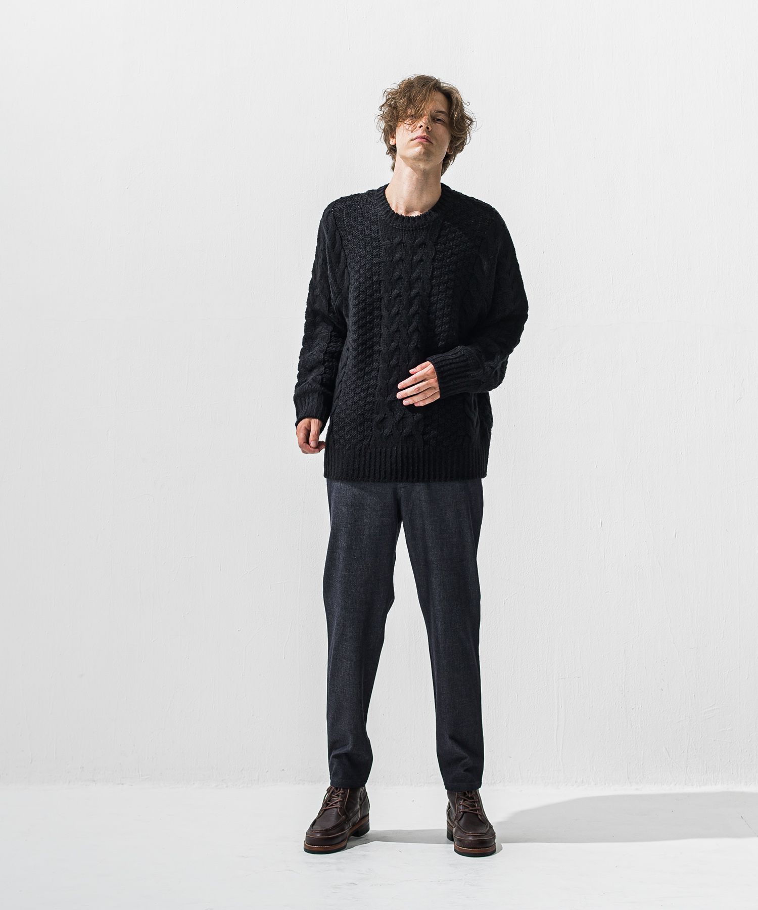 CABLE LAW SWEATER / ケーブル編み ローゲージセーター (ブラック) (10月下旬入荷予定) ※オーダー締切:9月7日(月)17時