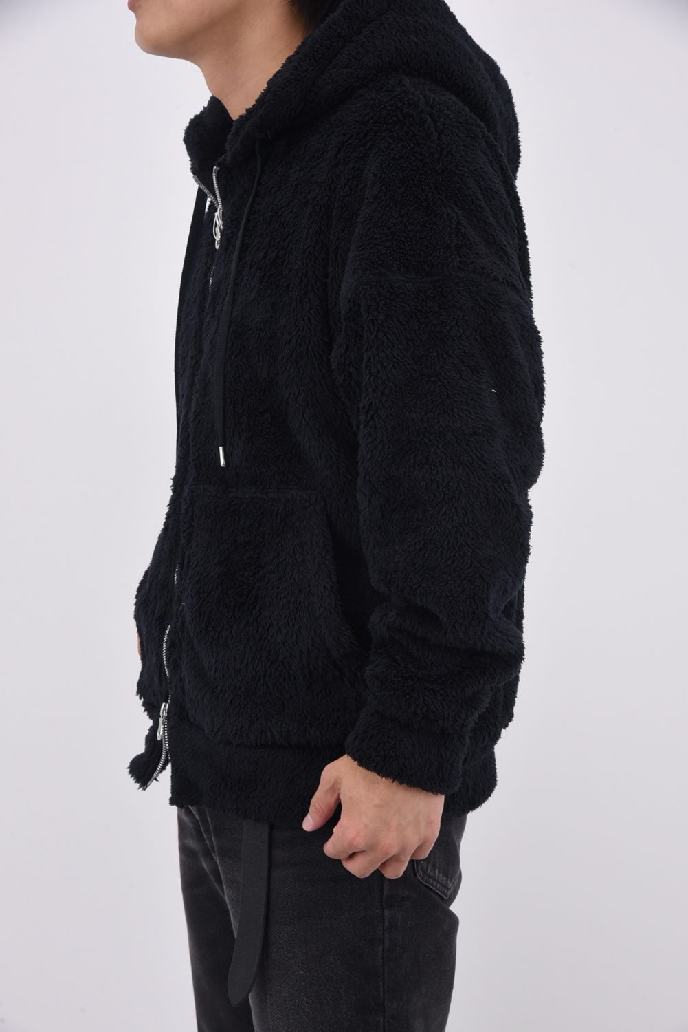 BOA ZIP LOOSE HOODIE / シルキーボア ジップアップ パーカー (ブラック)