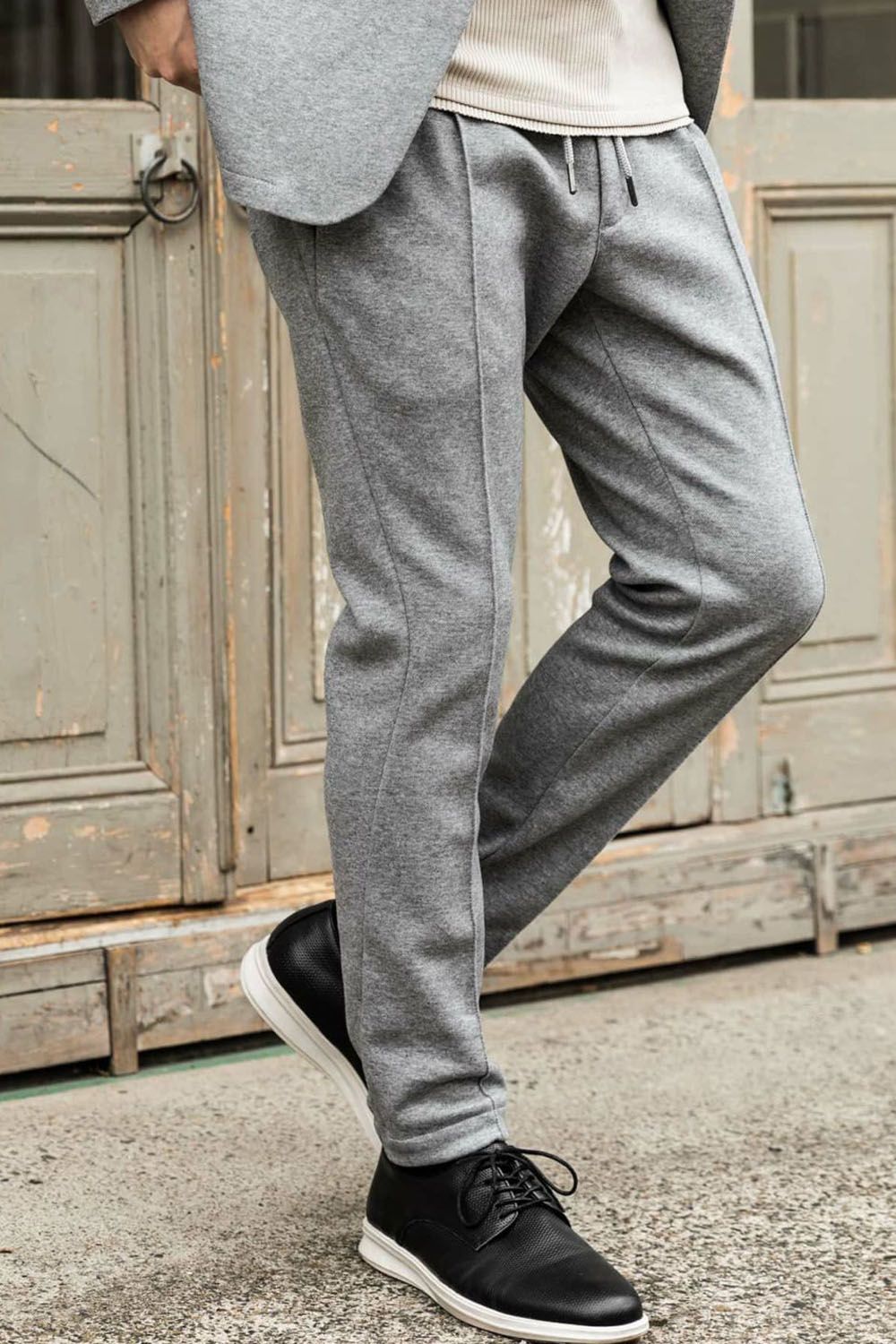 COLLARLESS CUT AND SEW PANTS / 鹿の子ニットスラックス グレー