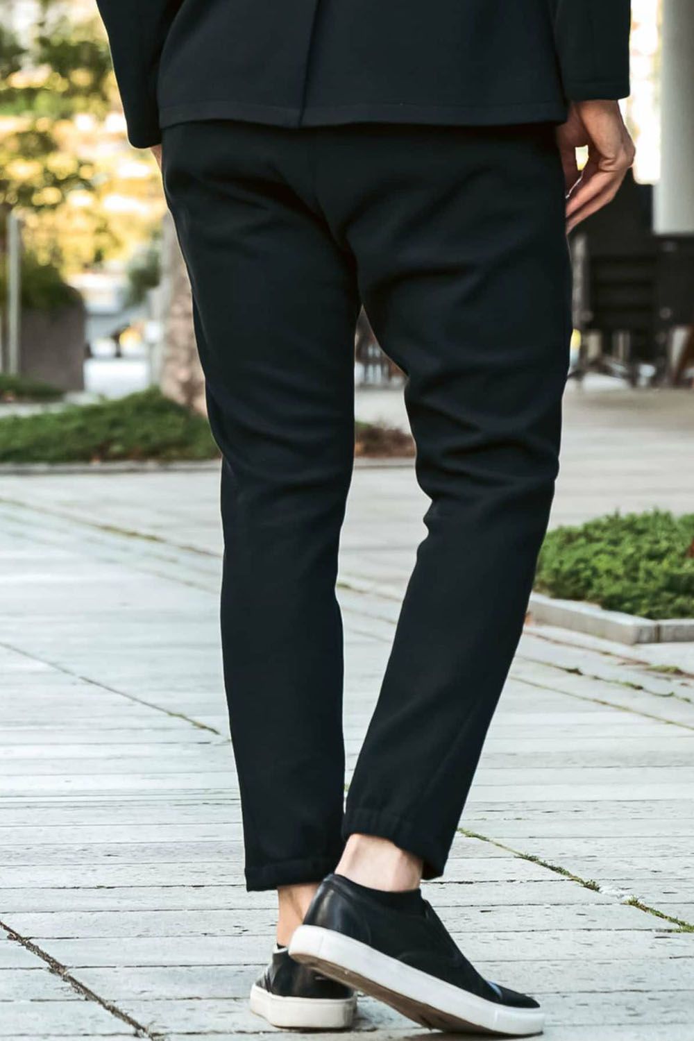 COLLARLESS CUT AND SEW PANTS / 鹿の子 ニット スラックス (ブラック)
