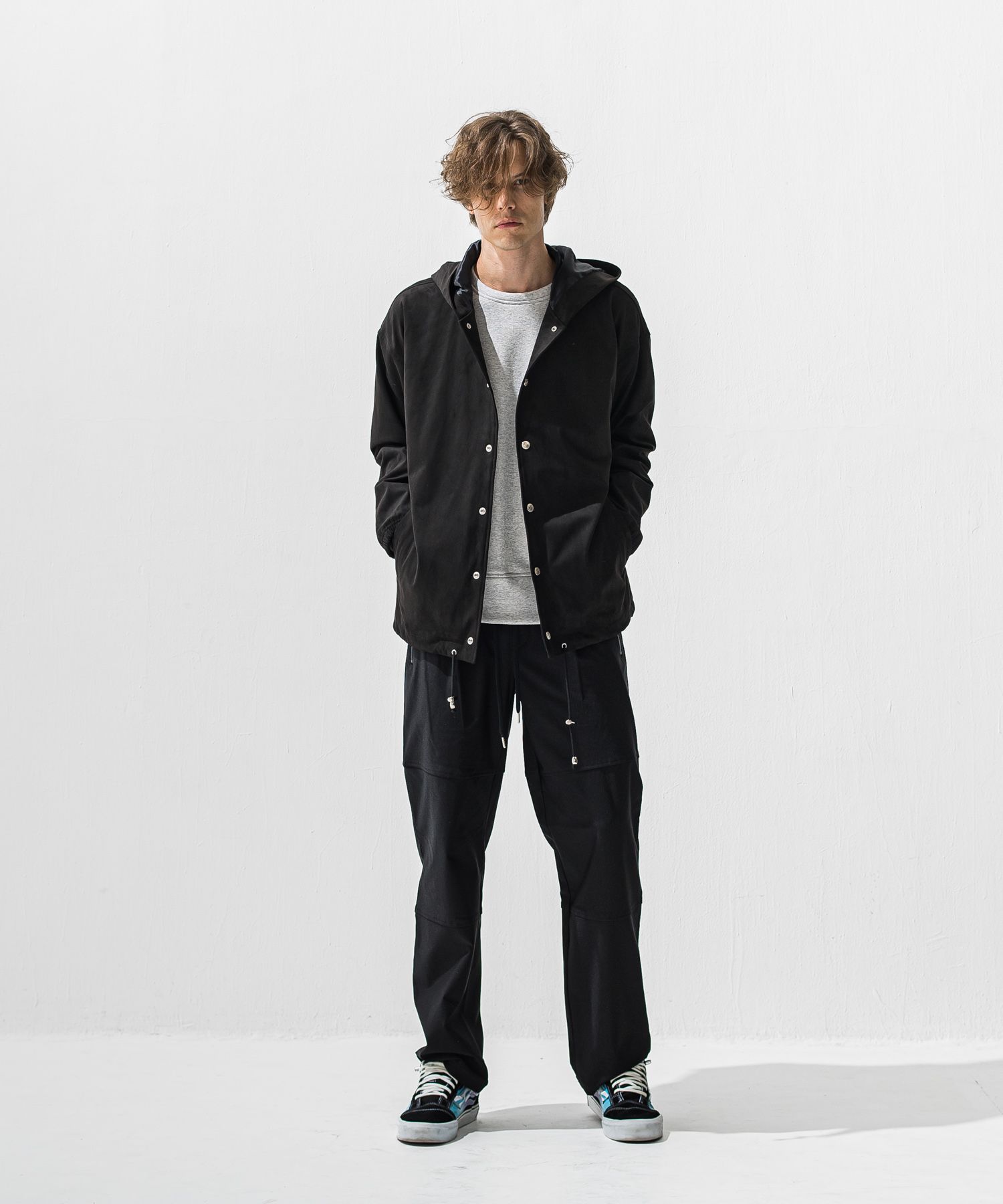 JOHNSON LINE HEATWIDE TUCK PT / 裏起毛 ハイブリットジャージー セミワイド ラインパンツ (ブラック/ブラック) (10月下旬入荷予定) ※オーダー締切:9月7日(月)17時