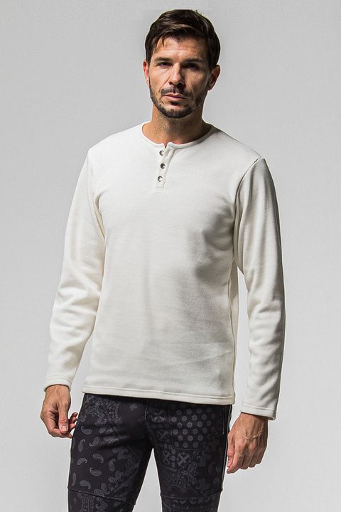 VELOURS FLEECE THERMAL HENRY / 裏起毛 サーマル生地 ロングスリーブ ヘンリーネック (ホワイト)