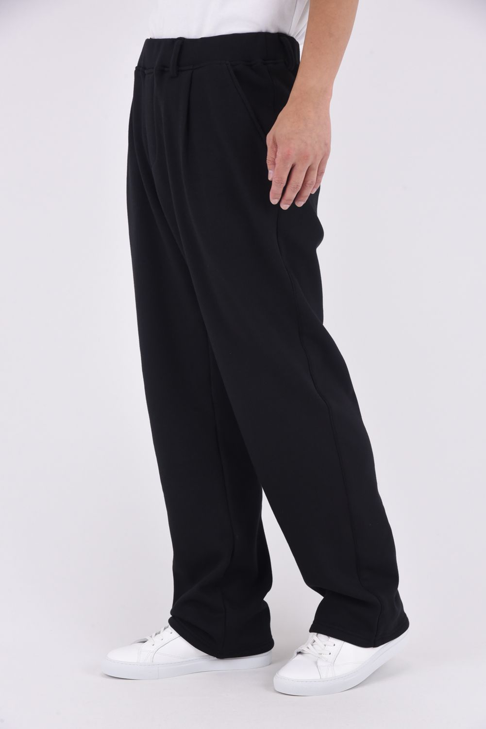 VELOURS FLEECE WIDE TUCK PANTS / 裏起毛 ベロアフリース セミワイド ワンタック イージーパンツ (ブラック)