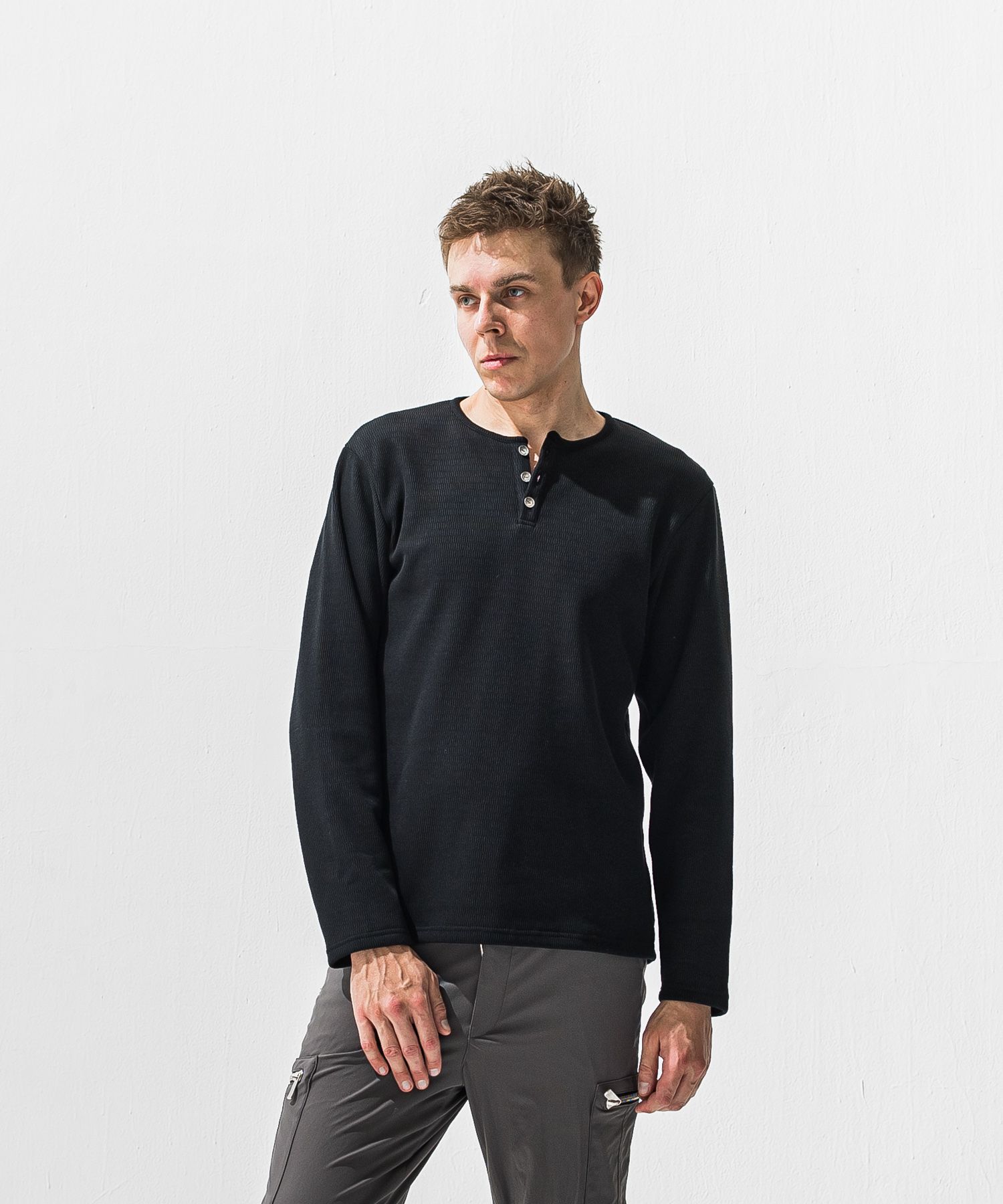 VELOURS FLEECE THERMAL HENRY / 裏起毛 サーマル生地 ロングスリーブ ヘンリーネック (ブラック) (10月下旬入荷予定) ※オーダー締切:9月7日(月)17時