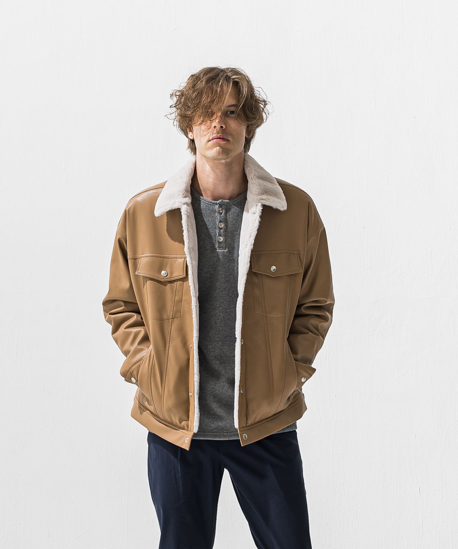 VELOURS FLEECE THERMAL HENRY / 裏起毛 サーマル生地 ロングスリーブ ヘンリーネック (グレー) (10月下旬入荷予定) ※オーダー締切:9月7日(月)17時