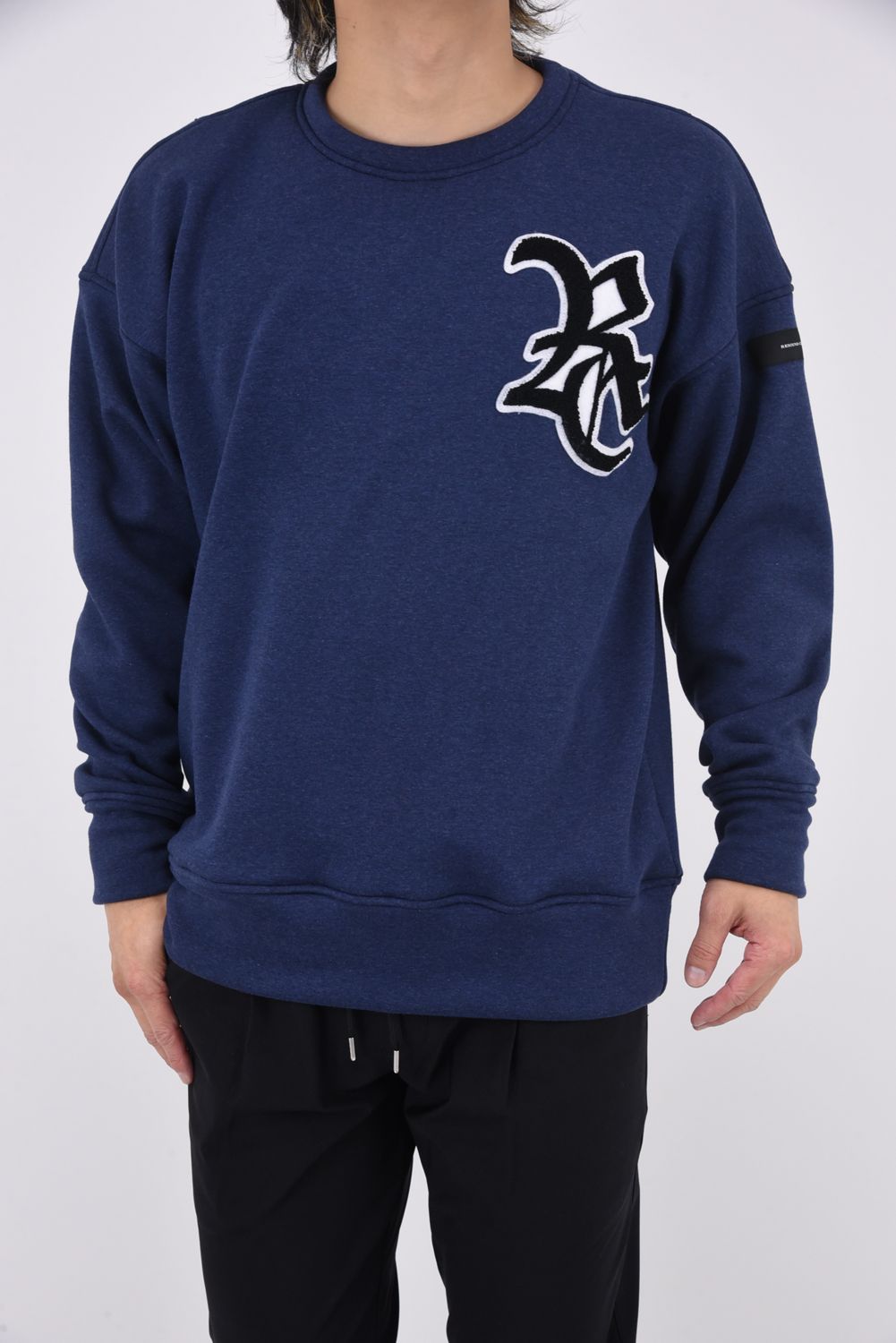 RC CHENILE VELOURS FLEECE DORP TRAINER / サガラ刺繍ワッペン 裏起毛 ルーズトレーナー ネイビー