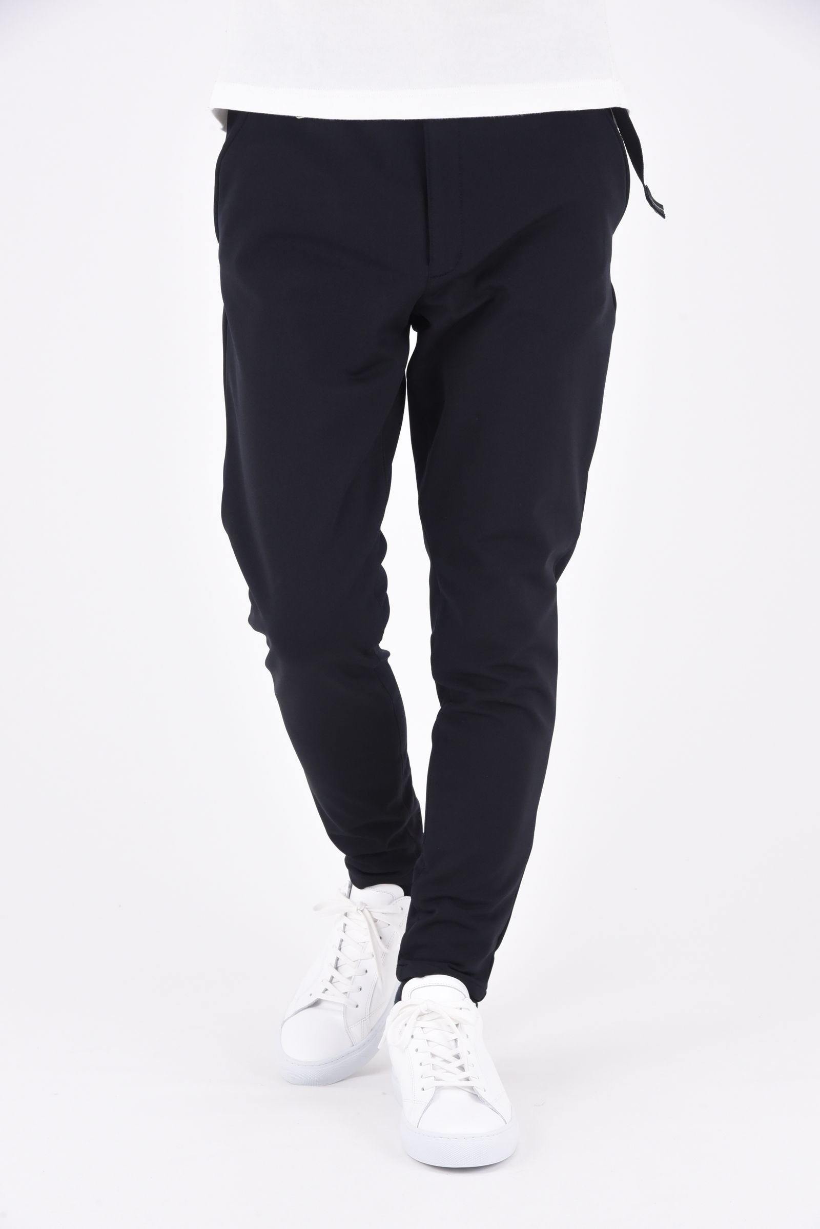 PAT TIGHT EASY PANTS / ストレッチツイル 裏起毛 タイトフィット ウェビングベルト付き イージースラックス ブラック