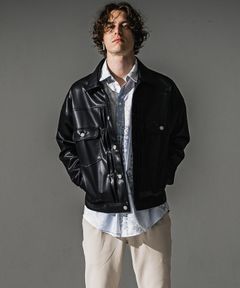 LEATHER 2ND G / エコレザー デニムジャケット型ブルゾン (ブラック) (9月末入荷予定) ※オーダー締切:5月23日(土)17時