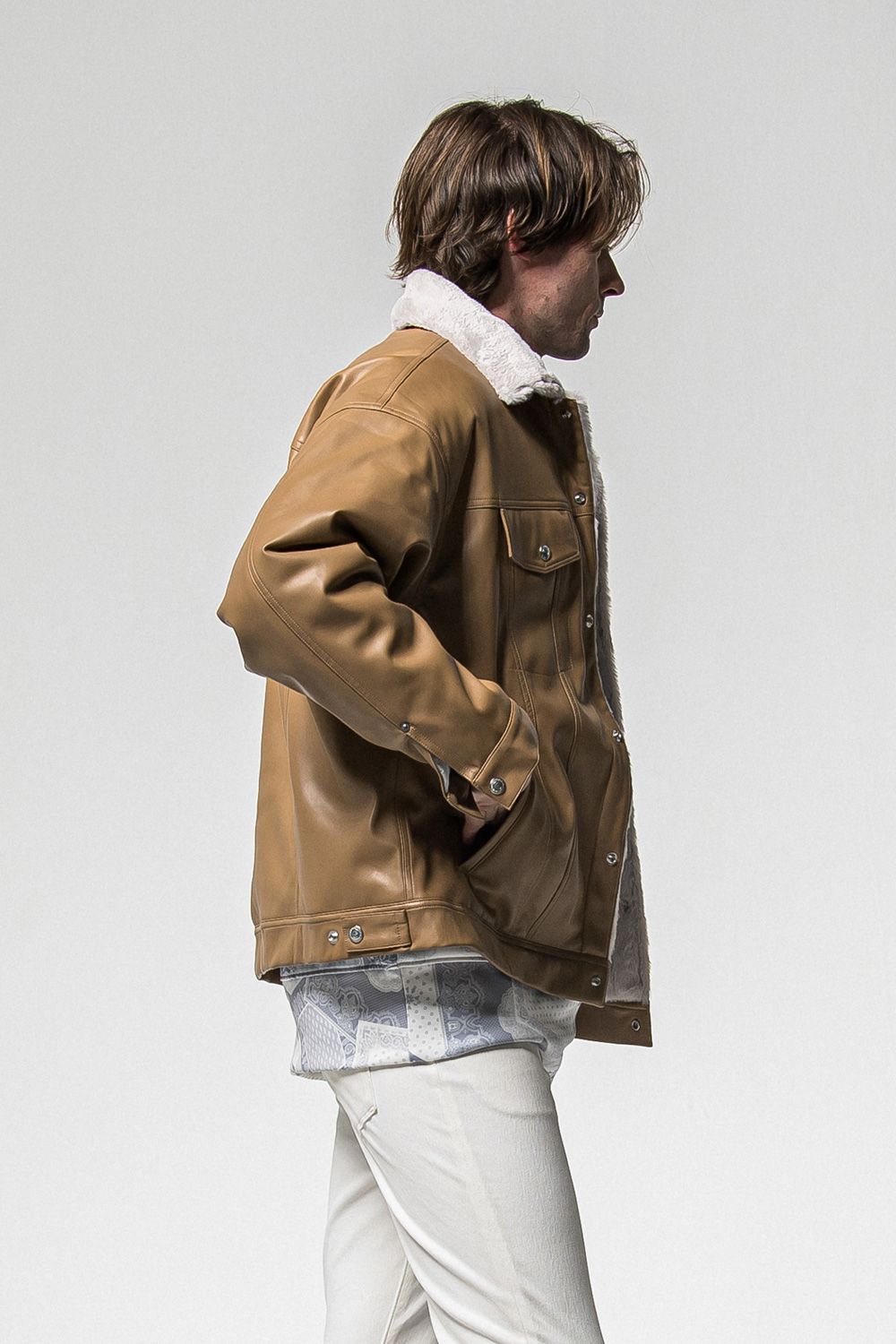 LEATHER FUR OVER  G /  エコレザー オーバーサイズ デニムジャケット (キャメル) (11月中旬入荷予定) ※オーダー締切：9月1日(月)18:00