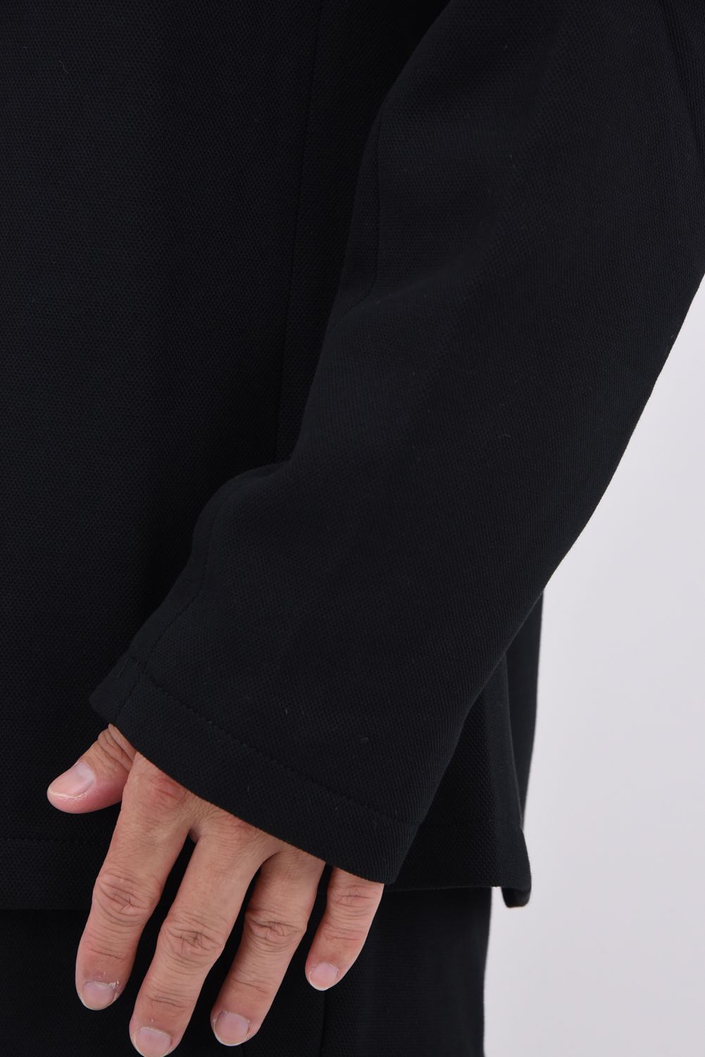 COLLARLESS CUT AND SEW JACKET / ノーカラー 鹿の子 ニットジャケット (ブラック)