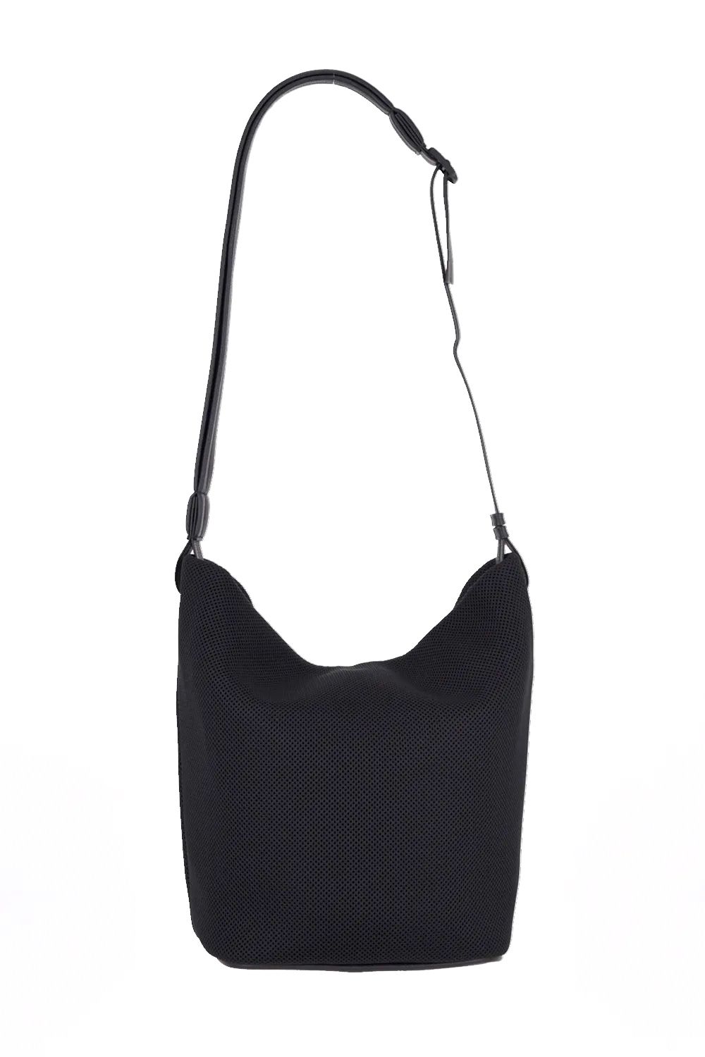 ESSENTIAL DOUBLE RUSSELL HOBO MIDIUM / メッシュ素材 レザーストラップ ショルダートートバッグ (ブラック)