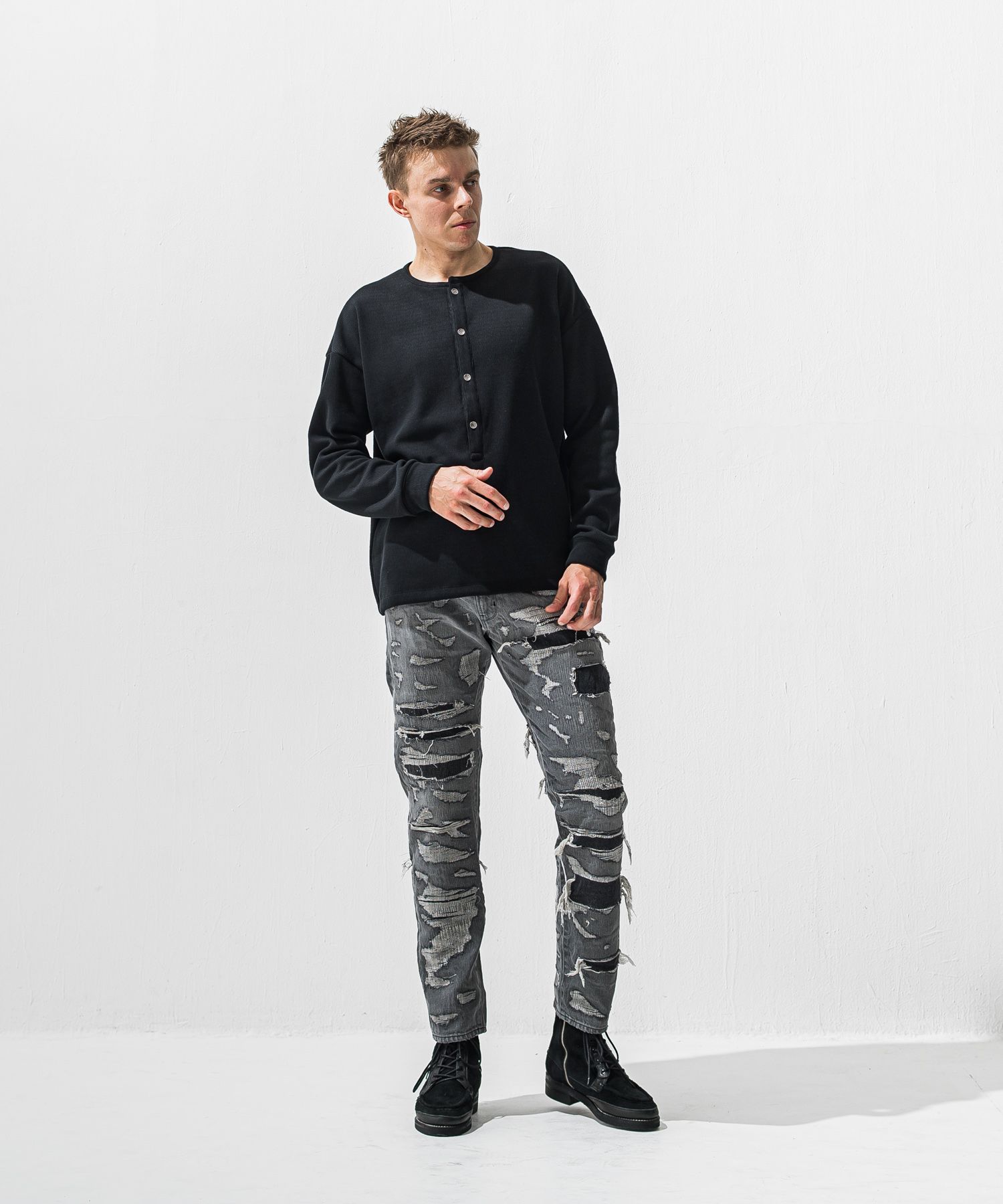 OVER HENRY VELOURS FLEECE THERMAL / 裏起毛 オーバーサイズ サーマル生地 ロングスリーブ ヘンリーネック (ブラック) (10月下旬入荷予定) ※オーダー締切:9月7日(月)17時