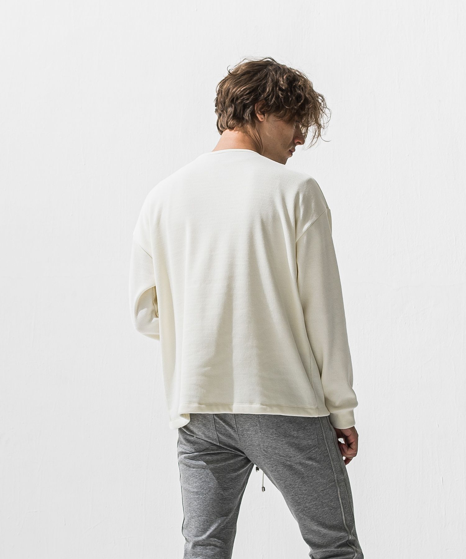 OVER HENRY VELOURS FLEECE THERMAL / 裏起毛 オーバーサイズ サーマル生地 ロングスリーブ ヘンリーネック (ホワイト) (10月下旬入荷予定) ※オーダー締切:9月7日(月)17時