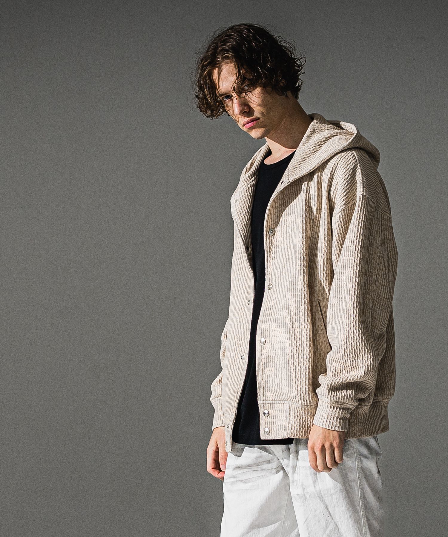 KNT Varsity hoodie / ニット素材 フード付きスタジャン (ベージュ) (8月末入荷予定) ※オーダー締切:5月23日(土)17時