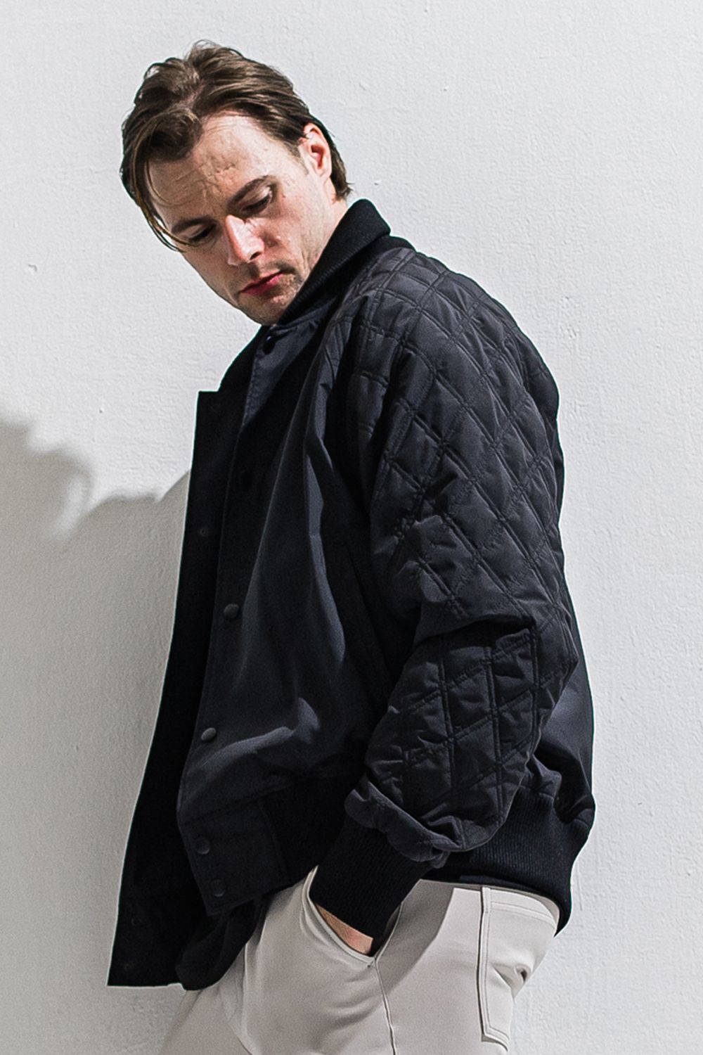 PB VARSITY JACKET / ラグランスリーブ ダイヤモンドキルティング バーシティジャケット (ブラック) (2月中旬入荷予定) ※オーダー締切12/13(土)17:00