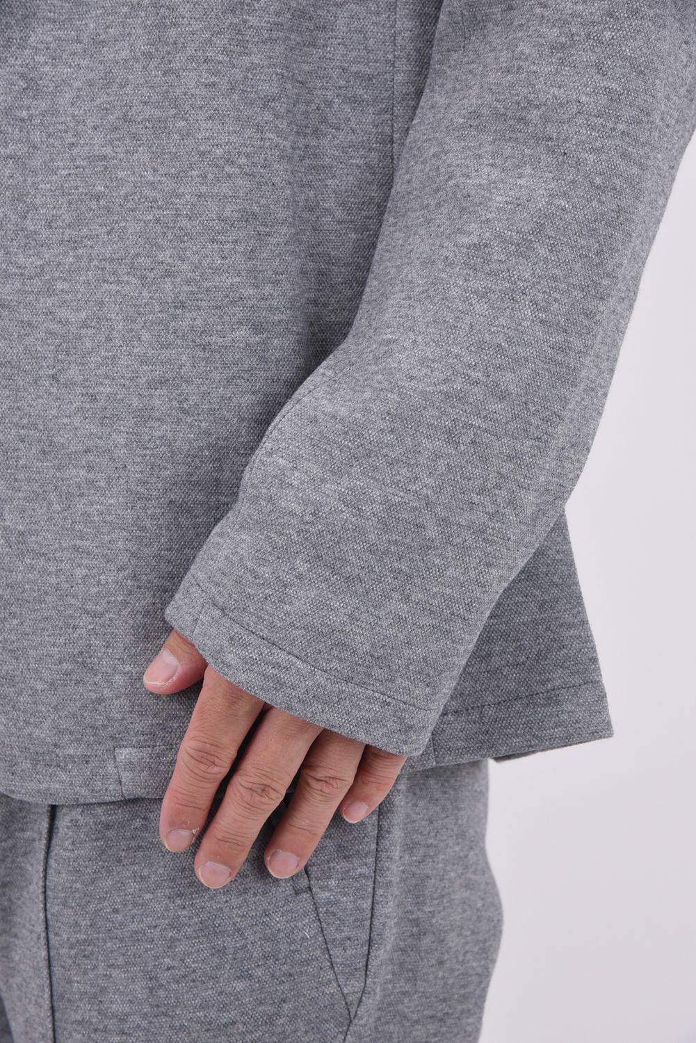 COLLARLESS CUT AND SEW JACKET / ノーカラー鹿の子ニットジャケット グレー