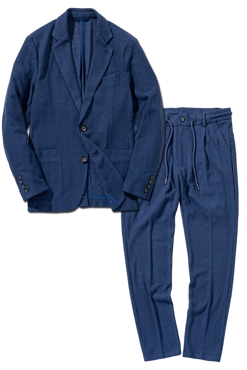 【26SS】【セットアップ】 LINEN TOUCH JACQUARD JACKET & SLACKS / リネンタッチ テーラードシングルジャケット&イージースラックス (ブルー) (2月中旬入荷予定)