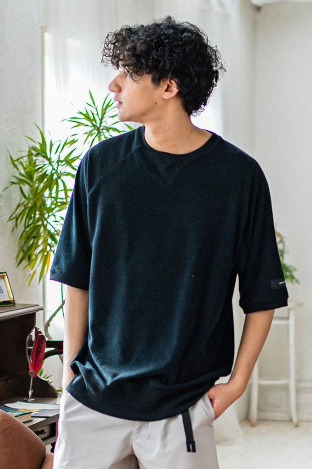 PILE HALF SLEAVE / パイル素材 オーバーサイズTシャツ ブラック