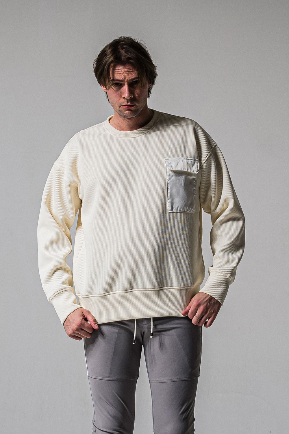 AZE MILITARY DROP TRAINER / 畦編みニット フラップポケット スウェット (オフホワイト) (1月末入荷予定)