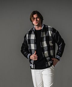 Varsity jacket / ブロックチェック エコレザースリーブ スタジャン (ブラック/ホワイト) (10月末入荷予定) ※オーダー締切:5月23日(土)17時