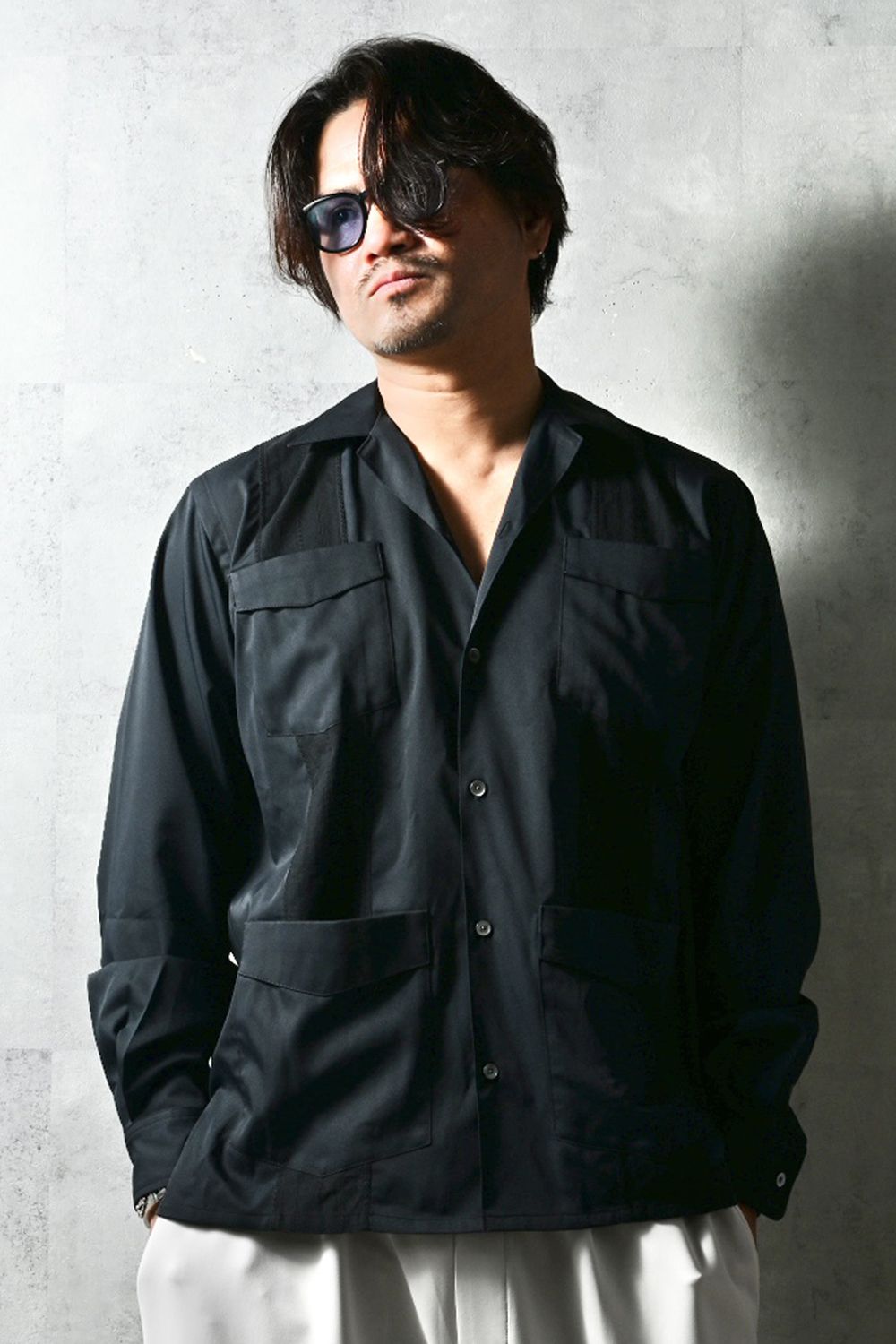 GUAYABERA SHIRTS / リラックスシルエット ストライプ柄 キューバシャツ (ブラック) (3月中旬入荷予定) ※オーダー締切12/13(土)17:00