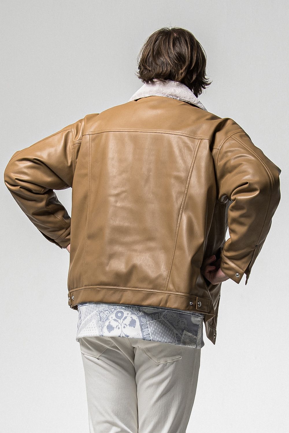 LEATHER FUR OVER  G /  エコレザー オーバーサイズ デニムジャケット (キャメル) (11月中旬入荷予定) ※オーダー締切：9月1日(月)18:00