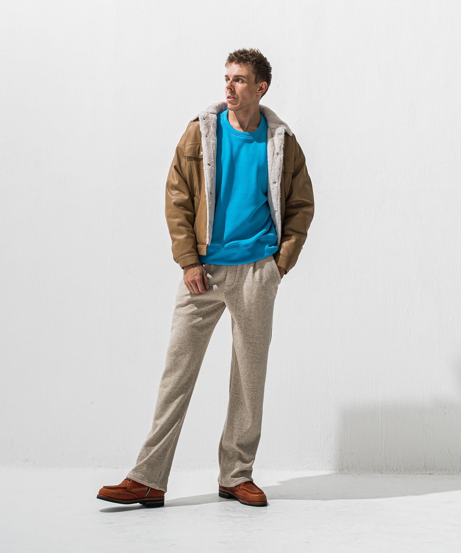 VELOURS FLEECE WIDE TUCK PANTS / 裏起毛 ベロアフリース セミワイド ワンタック イージーパンツ (ベージュ) (11月中旬入荷予定) ※オーダー締切:9月7日(月)17時