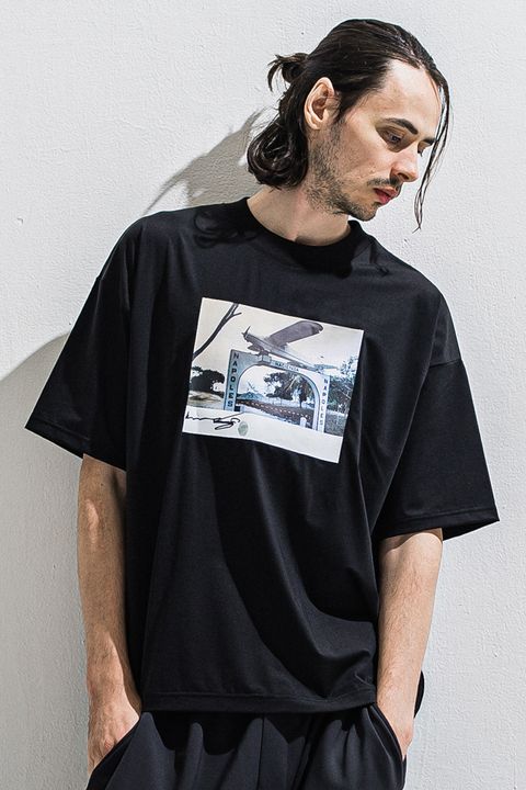 HELI OVERNYLON T / ナイロントリコット フォトプリント オーバーサイズ Tシャツ (ブラック)