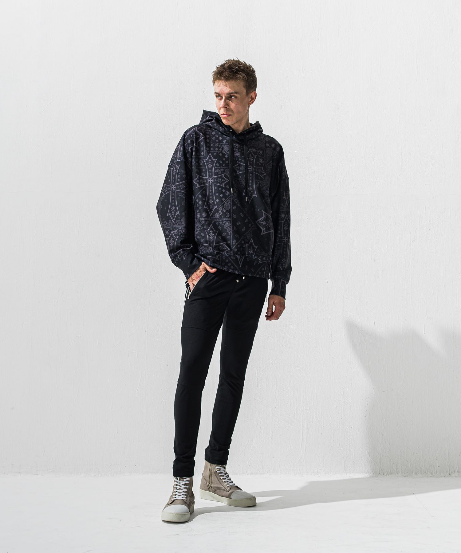 JOHNSON LINE HEAT PT / 【定番商品】 裏ボアフリース ハイブリットジャージー ラインパンツ (ブラック/ホワイト) (10月下旬入荷予定) ※オーダー締切:9月7日(月)17時